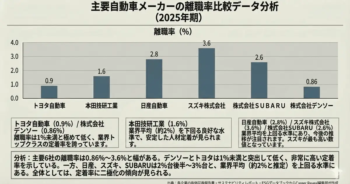 自動車業界6社の離職率の比較表（2025年期）