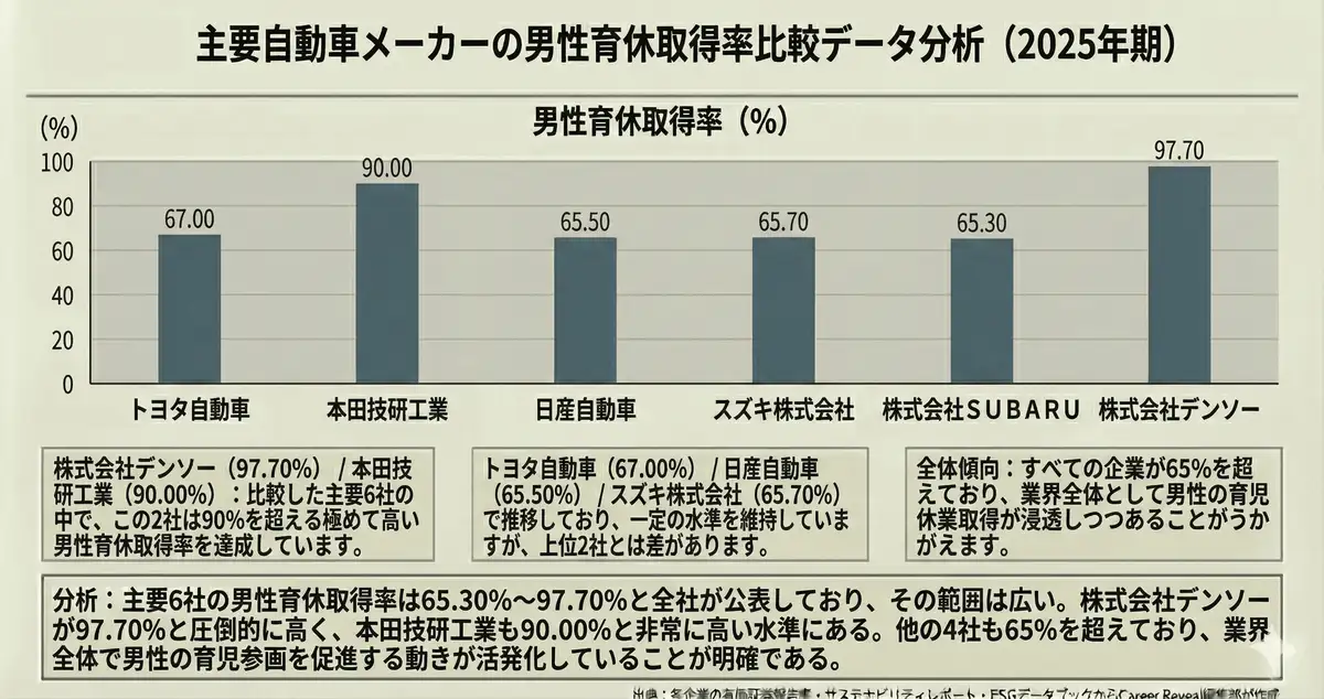 自動車業界6社の男性育休取得率の比較表（2025年期）
