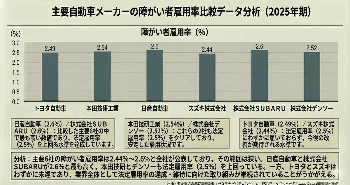 自動車業界6社の障がい者雇用率の比較表（2025年期）
