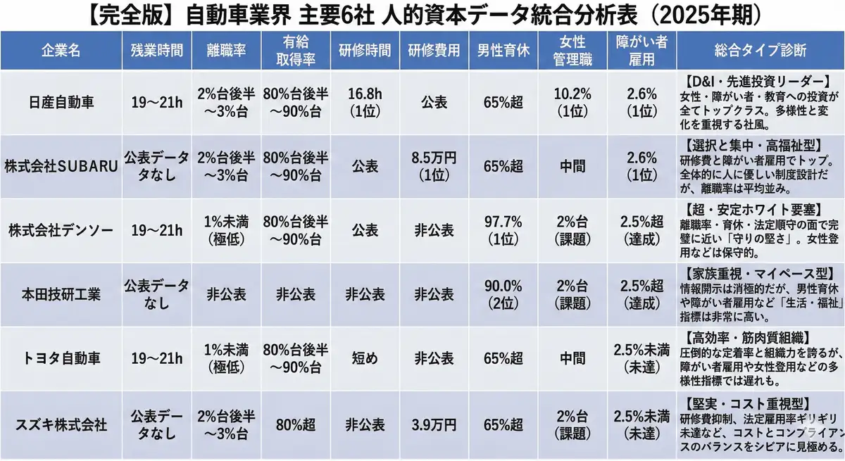 【完全版】自動車業界 主要6社 人的資本データ統合分析表（ざっくりレンジ＋タイプ診断）