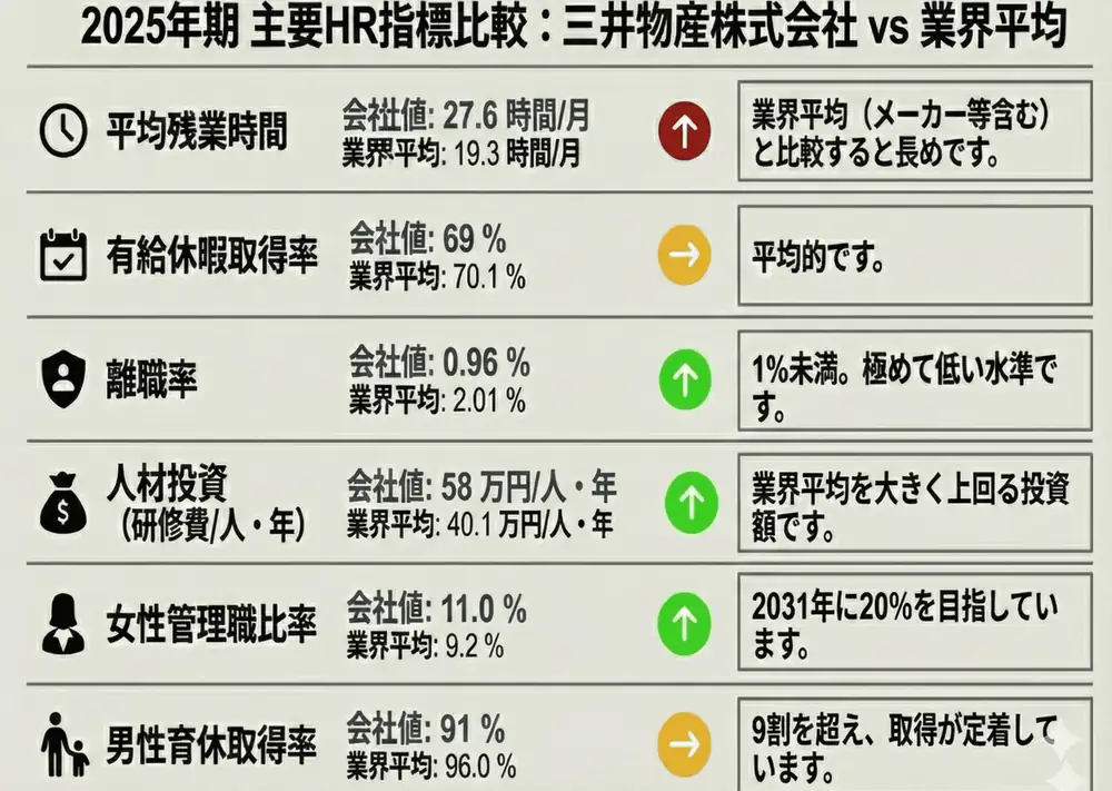 2025年期主要HR指標比較：三井物産 vs 業界平均
