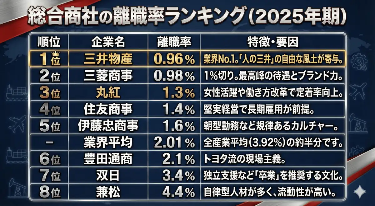 総合商社離職率ランキング（2025年期）