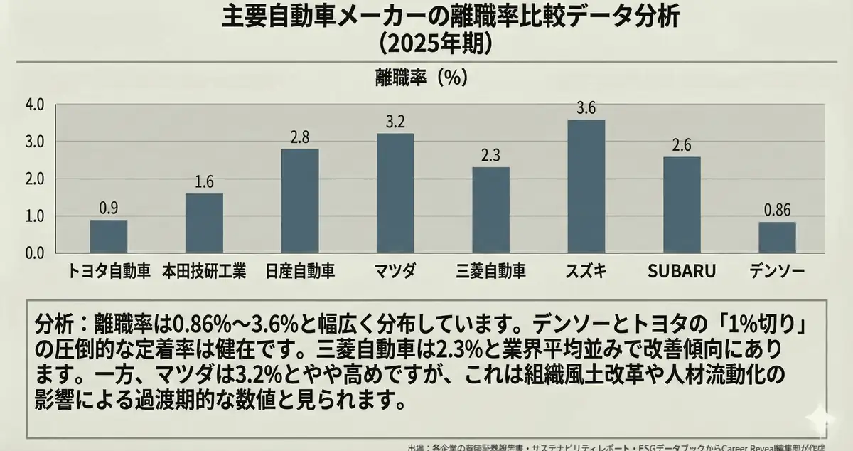 自動車業界8社の離職率の比較表（2025年期）