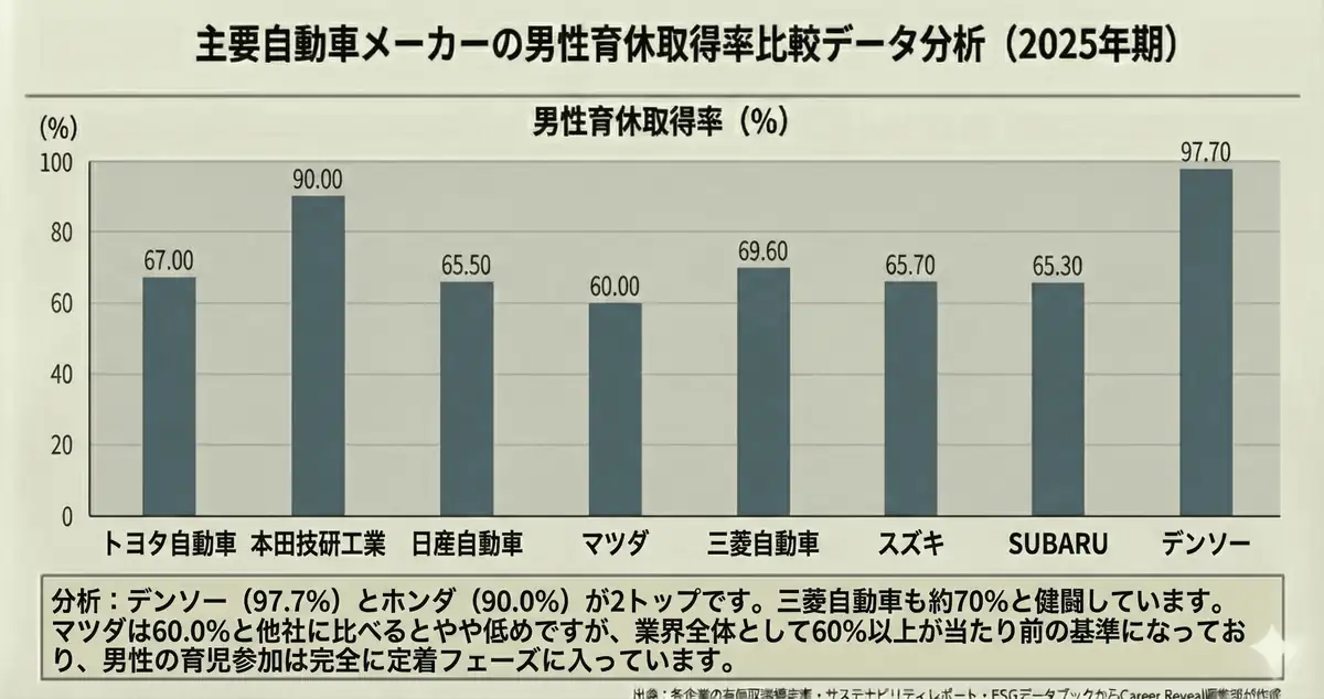 自動車業界8社の男性育休取得率の比較表（2025年期）