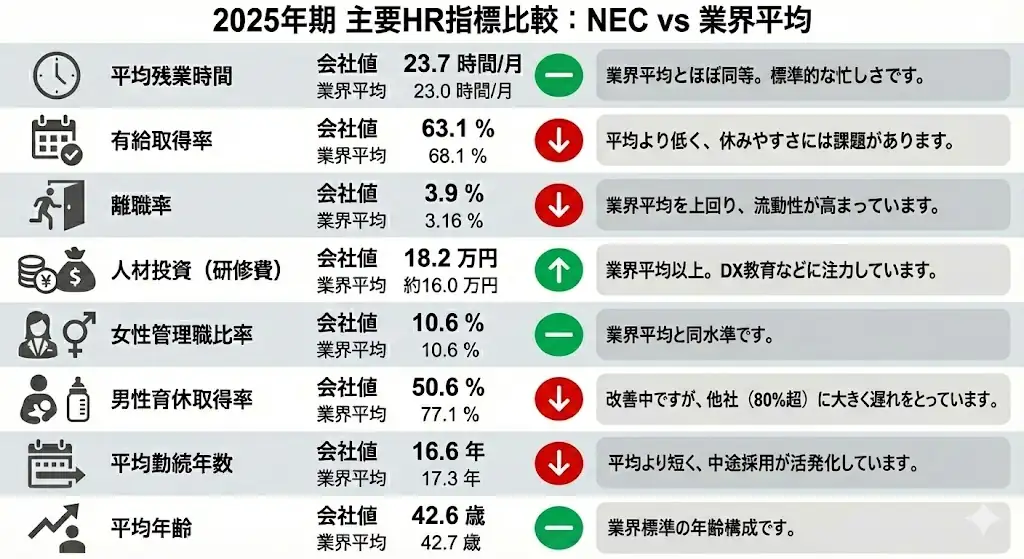 2025年期主要HR指標比較：NEC vs 電機大手平均