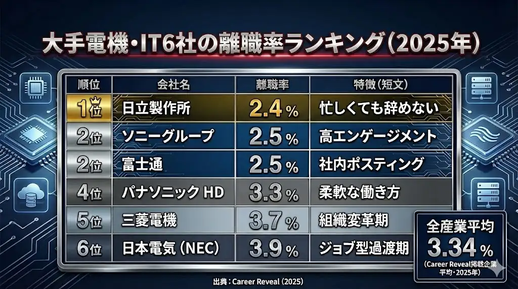 電機・IT大手6社離職率ランキング（2025年）