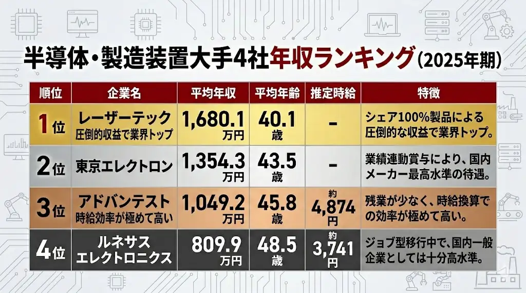 半導体・製造装置大手4社の年収ランキング（2025年期）。レーザーテック、東京エレクトロン、アドバンテスト、ルネサスの平均年収と平均年齢、推定時給を比較。
