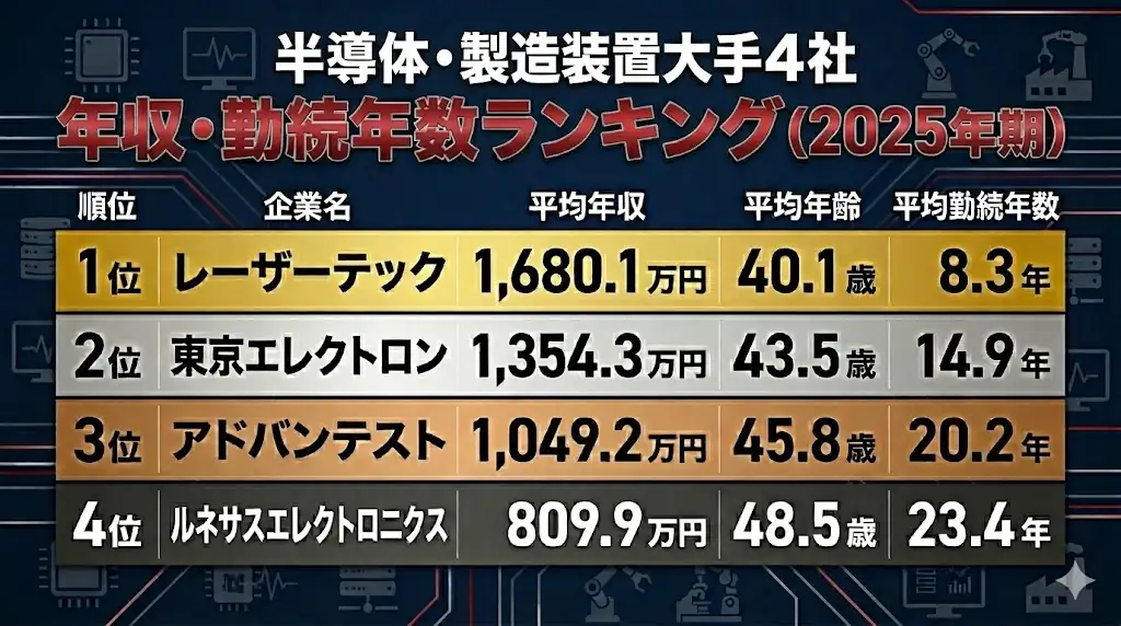 半導体・製造装置大手4社の年収・勤続年数ランキング（2025年期）。レーザーテック、東京エレクトロン、アドバンテスト、ルネサスの平均年収・平均年齢・平均勤続年数を順位表で比較。