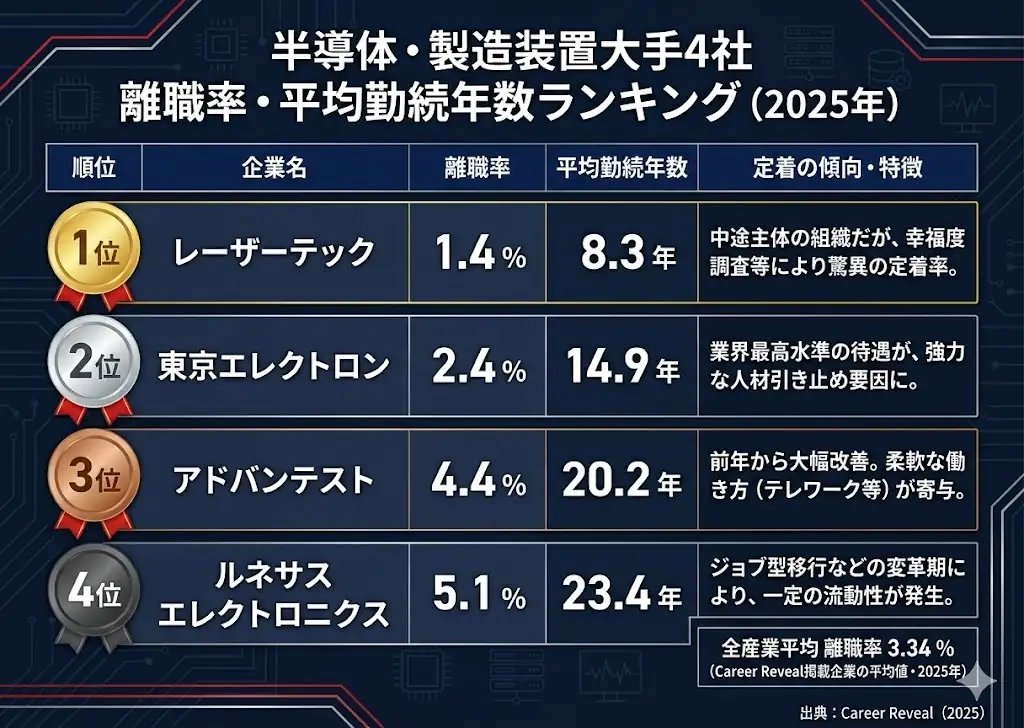半導体・製造装置大手4社の離職率・平均勤続年数ランキング（2025年）。レーザーテック1.4%・8.3年、東京エレクトロン2.4%・14.9年、アドバンテスト4.4%・20.2年、ルネサス5.1%・23.4年を比較し、全産業平均の離職率3.34%も併記。
