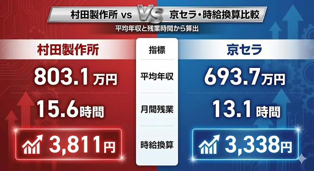 村田製作所と京セラの平均年収・月間残業時間・時給換算を比較した画像。村田製作所は平均年収803.1万円、残業15.6時間、時給換算3811円、京セラは平均年収693.7万円、残業13.1時間、時給換算3338円