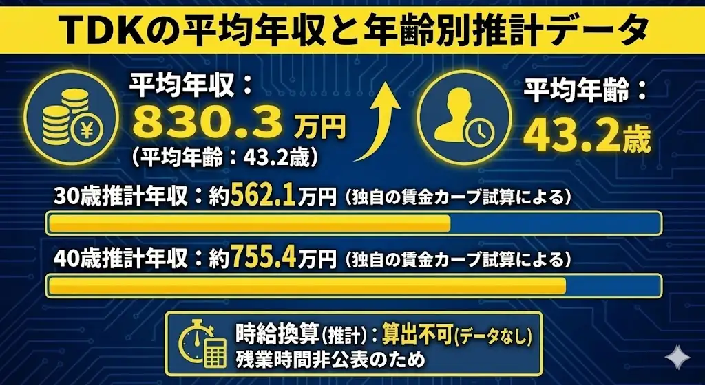 TDKの平均年収と年齢別推計年収を示す画像。平均年収830.3万円、平均年齢43.2歳、30歳推計年収約562.1万円、40歳推計年収約755.4万円を掲載。残業時間非公表のため時給換算は算出不可