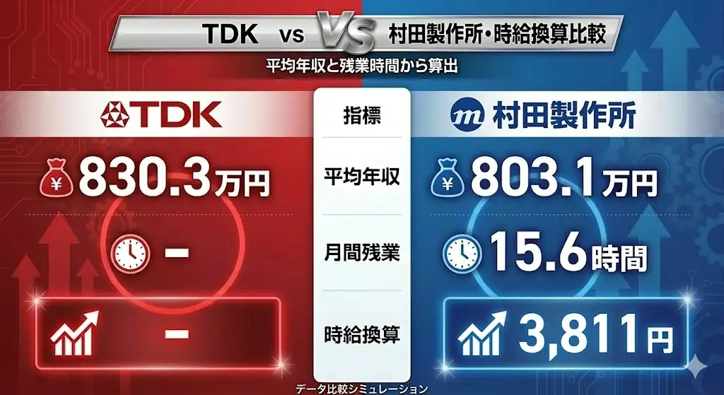 TDKと村田製作所の平均年収・月間残業時間・時給換算を比較した画像。TDKは平均年収830.3万円、残業時間非公表、村田製作所は平均年収803.1万円、残業15.6時間、時給換算3811円
