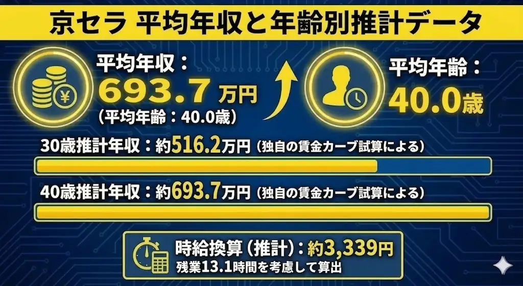 京セラの平均年収と年齢別推計年収を示す画像。平均年収693.7万円、平均年齢40.0歳、30歳推計年収約516.2万円、40歳推計年収約693.7万円、時給換算約3339円を掲載
