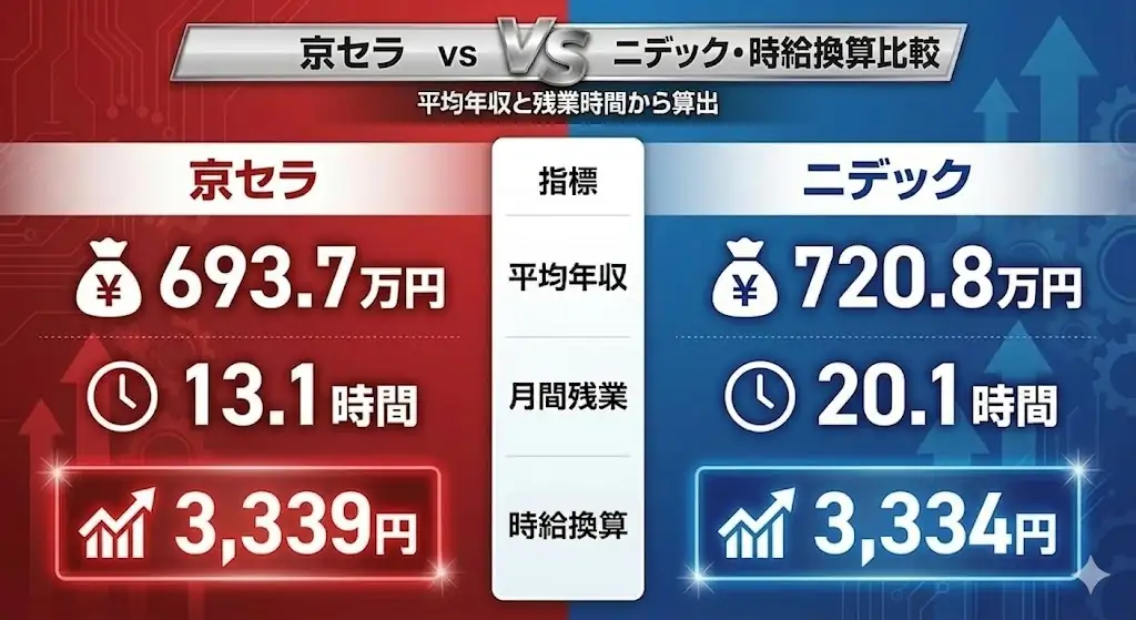 京セラとニデックの平均年収・月間残業時間・時給換算を比較した画像。京セラは平均年収693.7万円、残業13.1時間、時給換算3339円、ニデックは平均年収720.8万円、残業20.1時間、時給換算3334円