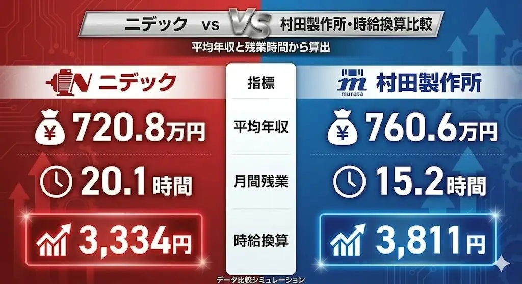 ニデックと村田製作所の平均年収・月間残業時間・時給換算を比較した画像。ニデックは平均年収720.8万円、残業20.1時間、時給換算3334円、村田製作所は平均年収760.6万円、残業15.2時間、時給換算3811円