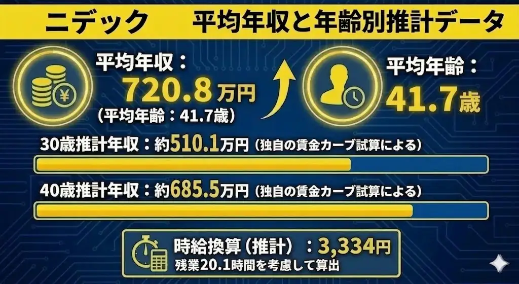 ニデックの平均年収と年齢別推計年収を示す画像。平均年収720.8万円、平均年齢41.7歳、30歳推計年収約510.1万円、40歳推計年収約685.5万円、時給換算3334円を掲載