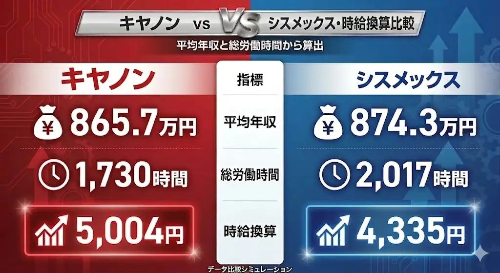 キヤノンとシスメックスの時給換算比較図。平均年収、総労働時間、時給換算を比較し、キヤノン5004円、シスメックス4335円を示した画像