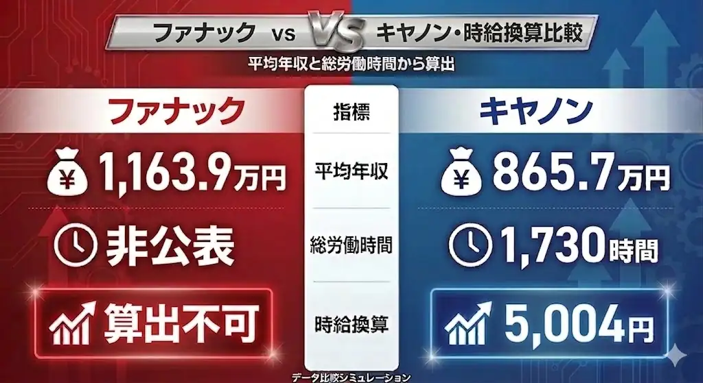 ファナックとキヤノンの平均年収・総労働時間・時給換算を比較した図。ファナックは平均年収1163.9万円、キヤノンは865.7万円、時給換算は5004円