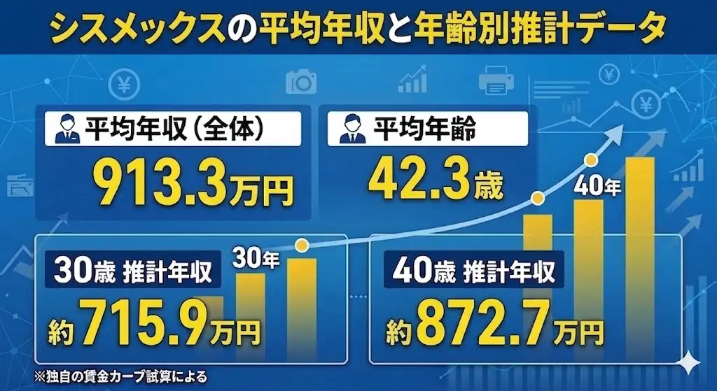シスメックスの平均年収と年齢別推計データ。平均年収913.3万円、平均年齢42.3歳、30歳推計年収約715.9万円、40歳推計年収約872.7万円を示した図
