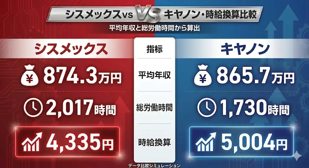 シスメックスとキヤノンの時給換算比較。平均年収はシスメックス874.3万円、キヤノン865.7万円、総労働時間は2017時間と1730時間、時給換算は4335円と5004円の比較図