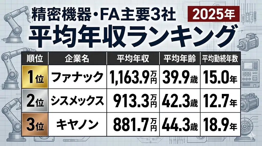 精密機器・FA主要3社の平均年収ランキング（2025年）。1位ファナック1163.9万円、2位シスメックス913.3万円、3位キヤノン881.7万円