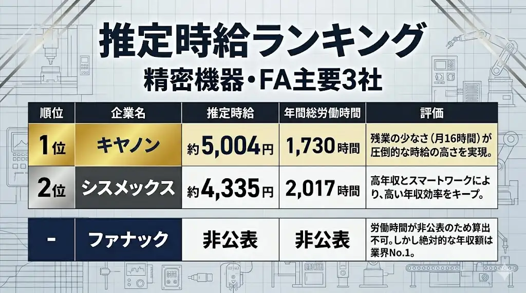 精密機器・FA主要3社の推定時給ランキング。1位キヤノン約5004円、2位シスメックス約4335円、ファナックは労働時間非公表のため算出不可