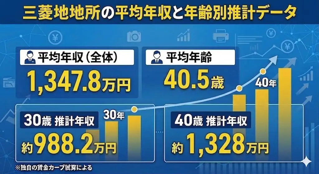 三菱地所の平均年収と年齢別推計データ。平均年収1347.8万円、平均年齢40.5歳、30歳推計年収約988.2万円、40歳推計年収約1328万円