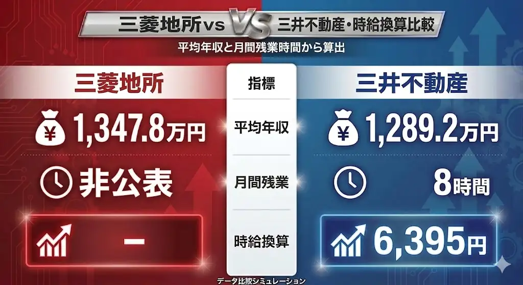 三菱地所と三井不動産の時給換算比較。三菱地所は平均年収1347.8万円で残業時間は非公表、三井不動産は平均年収1289.2万円、月間残業8時間、時給換算6395円