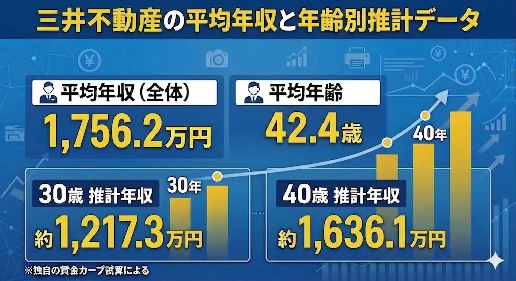 三井不動産の平均年収と年齢別推計データ。平均年収1756.2万円、平均年齢42.4歳、30歳推計年収約1217.3万円、40歳推計年収約1636.1万円
