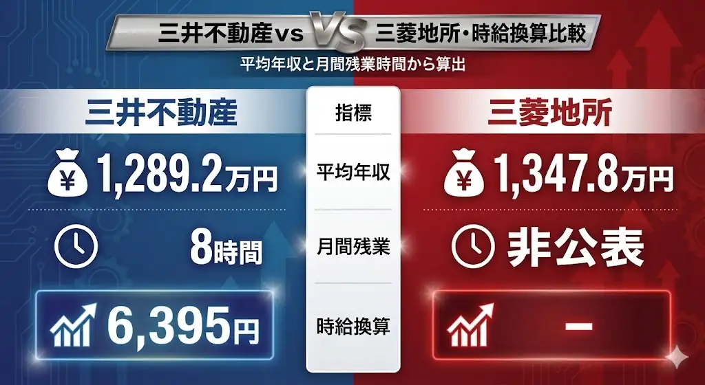 三井不動産と三菱地所の時給換算比較。三井不動産は平均年収1289.2万円、月間残業8時間、時給換算6395円、三菱地所は平均年収1347.8万円で残業時間は非公表