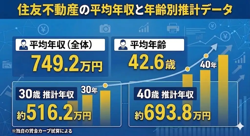 住友不動産の平均年収と年齢別推計データのインフォグラフィック。平均年収749.2万円、平均年齢42.6歳、30歳約516万円、40歳約693万円と年齢に応じて上昇傾向を示す。