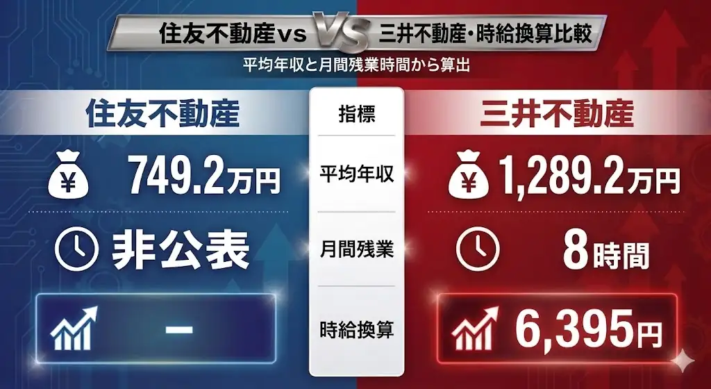 住友不動産と三井不動産の時給換算比較インフォグラフィック。住友不動産は平均年収749.2万円・残業非公表で時給算出不可、三井不動産は平均年収1,289.2万円・残業8時間・時給6,395円と高水準。