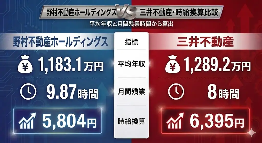 野村不動産ホールディングスと三井不動産の時給換算比較インフォグラフィック。野村不動産HDは平均年収1,183.1万円・残業9.87時間・時給5,804円、三井不動産は1,289.2万円・残業8時間・時給6,395円で、三井がやや高水準。
