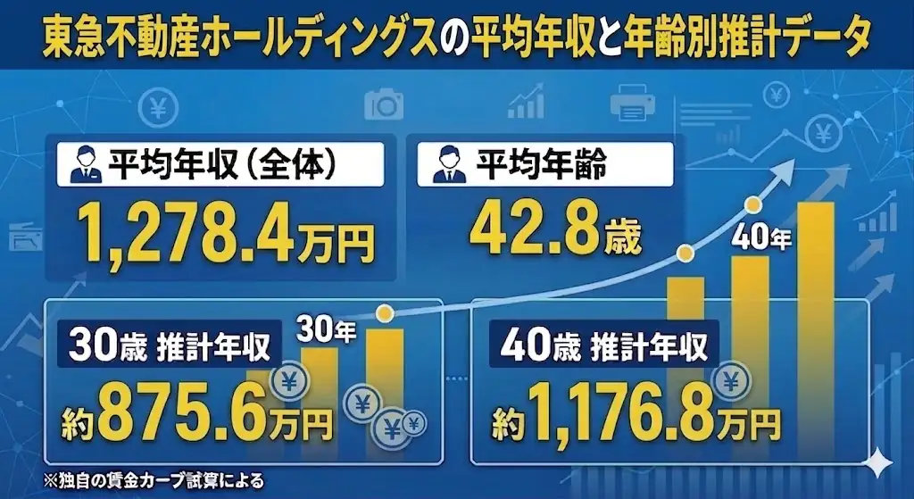 東急不動産HDの平均年収と年齢別推計データ。平均年収1,278.4万円、平均年齢42.8歳、30歳約875.6万円、40歳約1,176.8万円と年齢に応じて上昇する高水準の給与カーブ。