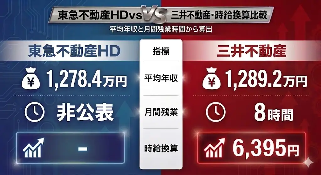 東急不動産HDと三井不動産の時給換算比較インフォグラフィック。東急不動産HDは平均年収1,278.4万円・残業非公表で時給算出不可、三井不動産は1,289.2万円・残業8時間・時給6,395円。
