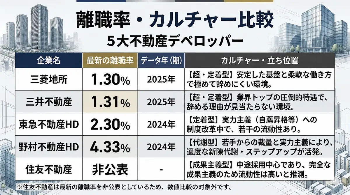 5大不動産デベロッパーの離職率・カルチャー比較表。三菱地所1.30%、三井不動産1.31%、東急不動産HD2.30%、野村不動産HD4.33%、住友不動産は非公表。