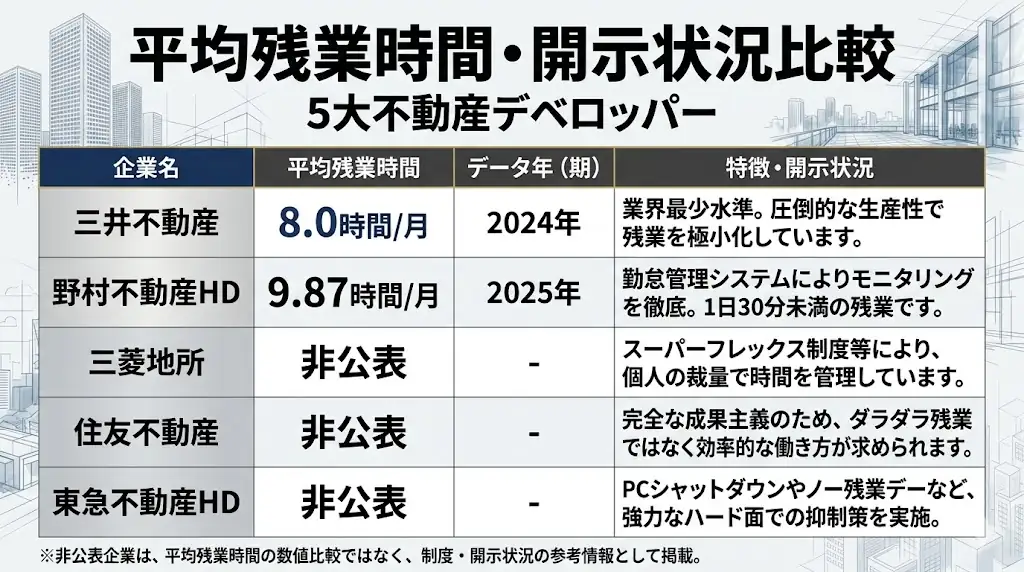 5大不動産デベロッパーの平均残業時間・開示状況比較表。三井不動産は月8.0時間、野村不動産HDは月9.87時間を開示。三菱地所、住友不動産、東急不動産HDは非公表で、各社の働き方の特徴も併記。
