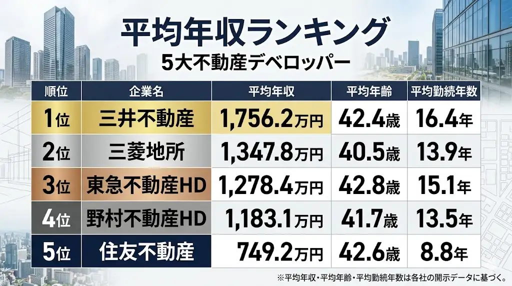 5大不動産デベロッパーの平均年収ランキング比較表。三井不動産1,756.2万円、三菱地所1,347.8万円、東急不動産HD1,278.4万円、野村不動産HD1,183.1万円、住友不動産749.2万円。平均年齢と平均勤続年数も掲載。
