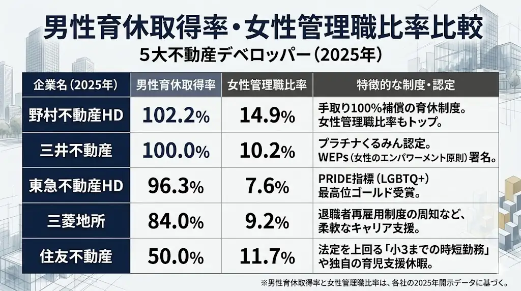 5大不動産デベロッパーの男性育休取得率と女性管理職比率の比較表（2025年）。野村不動産HDは男性育休取得率102.2％・女性管理職比率14.9％、三井不動産は100.0％・10.2％、東急不動産HDは96.3％・7.6％、三菱地所は84.0％・9.2％、住友不動産は50.0％・11.7％。