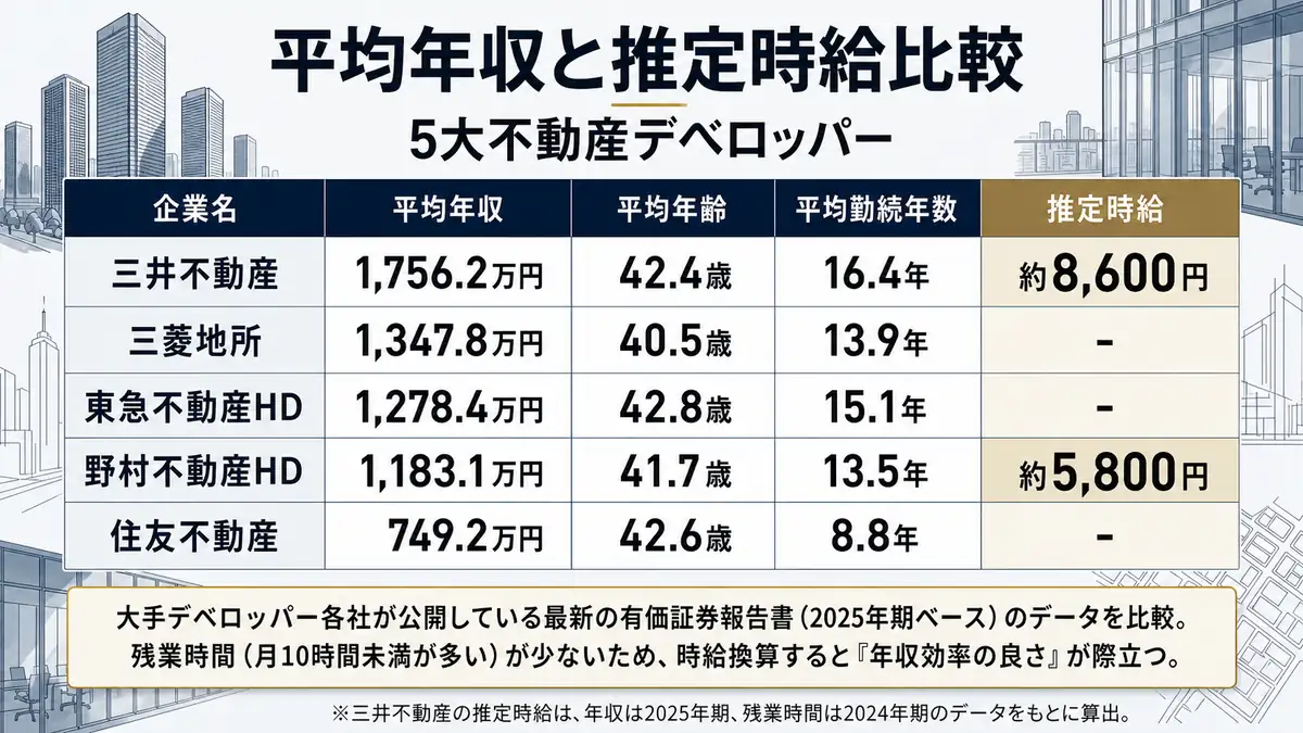 5大不動産デベロッパーの平均年収と推定時給の比較表。三井不動産は平均年収1,756.2万円、推定時給約8,600円、野村不動産HDは1,183.1万円、約5,800円。三菱地所、東急不動産HD、住友不動産は推定時給非掲載で、平均年齢と平均勤続年数も比較している図。