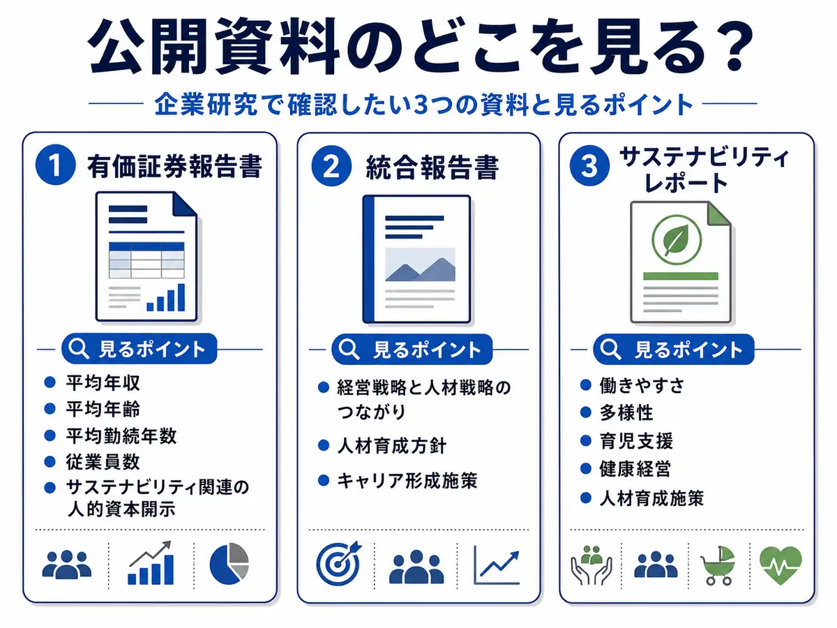 有価証券報告書、統合報告書、サステナビリティレポートのどこを見れば企業研究に役立つかを整理した図